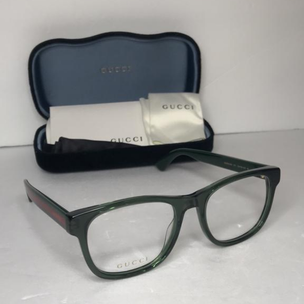 New - 💯 Original Gucci GG0004ON 011 Green with Red Stripe Square Men`s Eyeglas - Picture 4 of 13